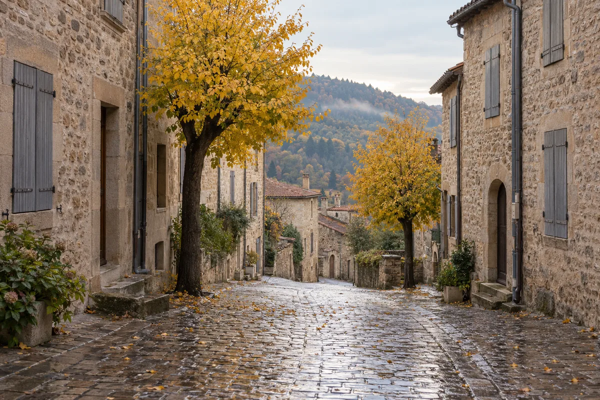 Rue pavée d’un bourg de la vallée du Gier bordée de tilleuls jaunis