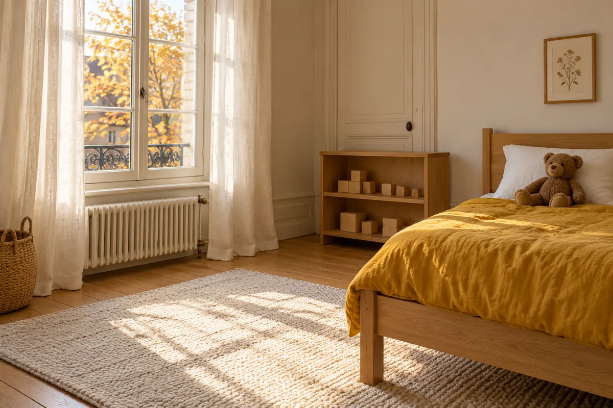 Chambre d’enfant rangée avec un lit en bois clair, une couette jaune et un ours en peluche sur l’oreiller