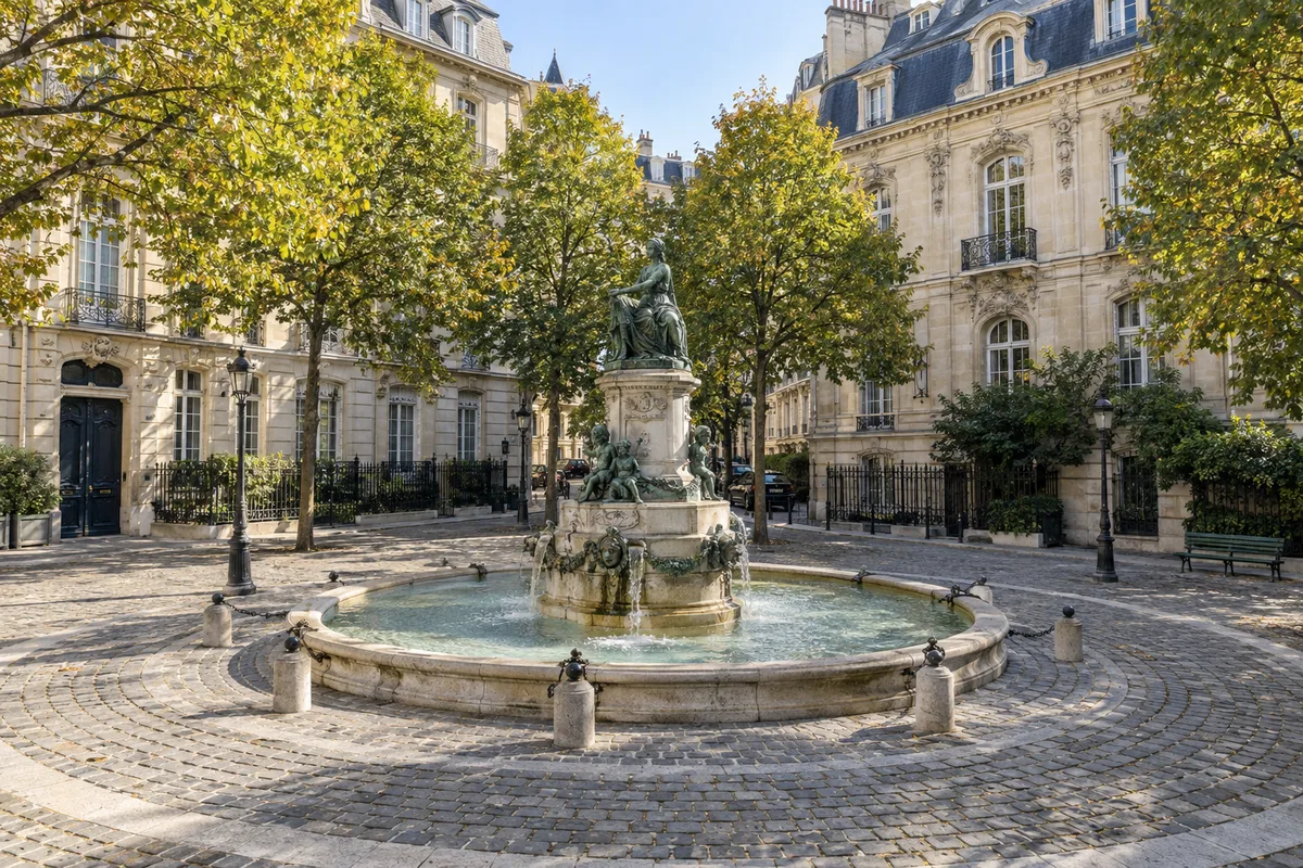 Place circulaire pavée d&rsquo;un quartier parisien du XIXe siècle avec fontaine et monument de pierre