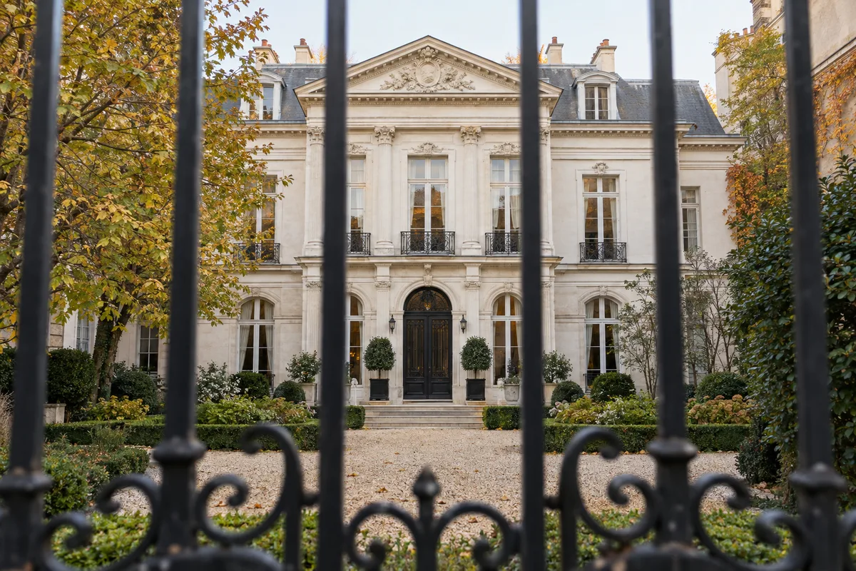Façade claire d&rsquo;hôtel particulier néoclassique derrière une grille en fer forgé et un jardin