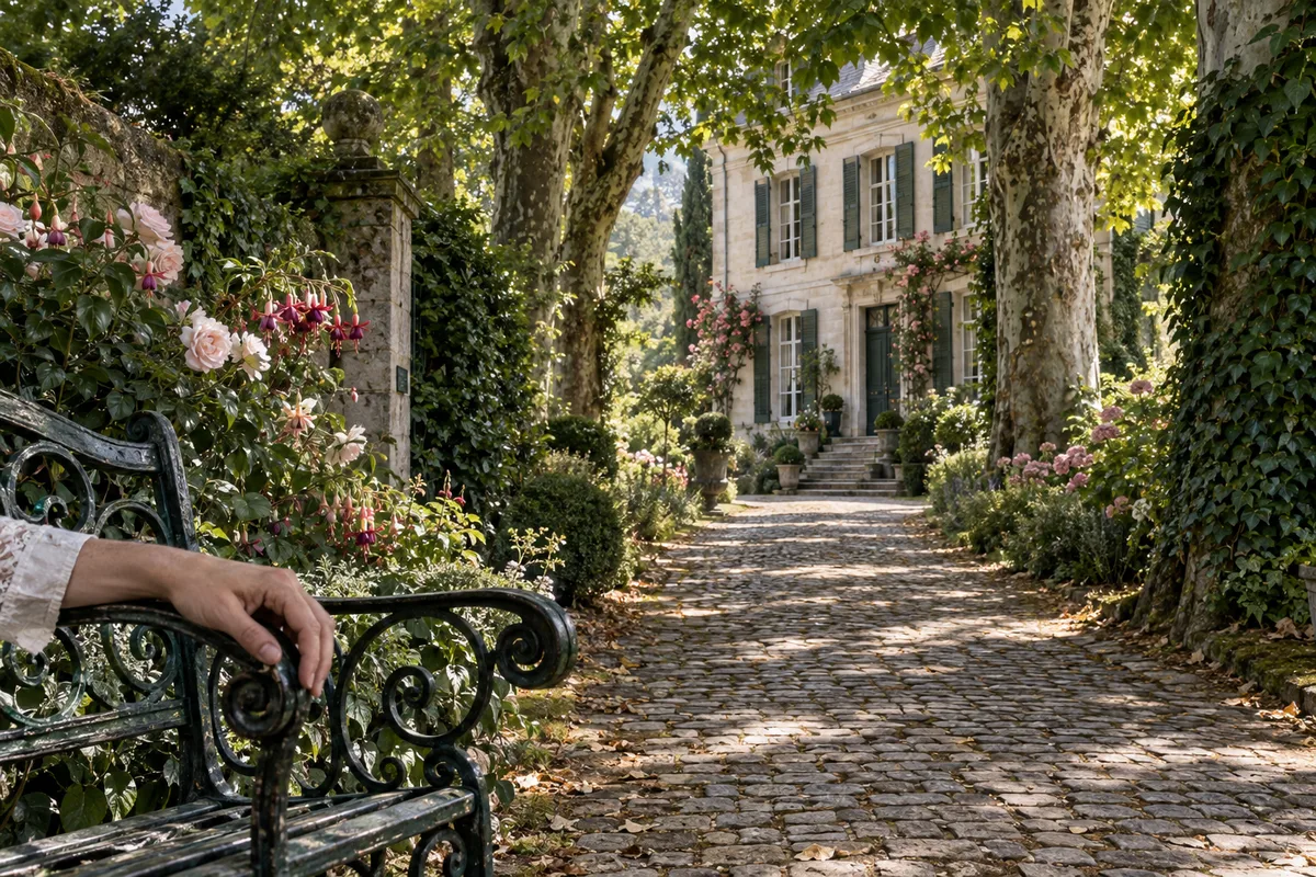 Allée pavée bordée de feuillage menant à une maison de maître aux volets verts