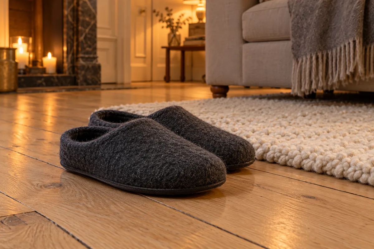 Chaussons en laine gris anthracite sur un parquet de chêne clair près d&rsquo;un tapis écru
