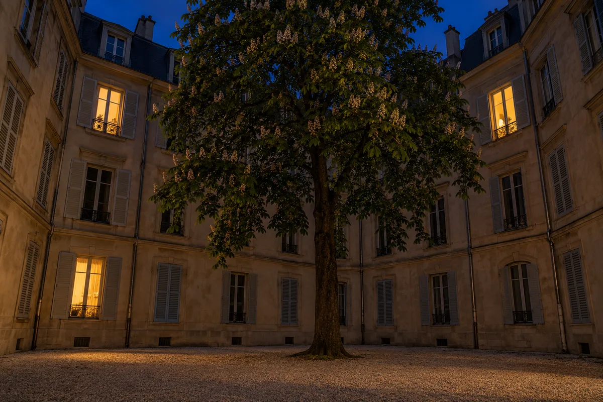 Cour intérieure d&rsquo;un immeuble ancien à la nuit tombante, trois fenêtres éclairées