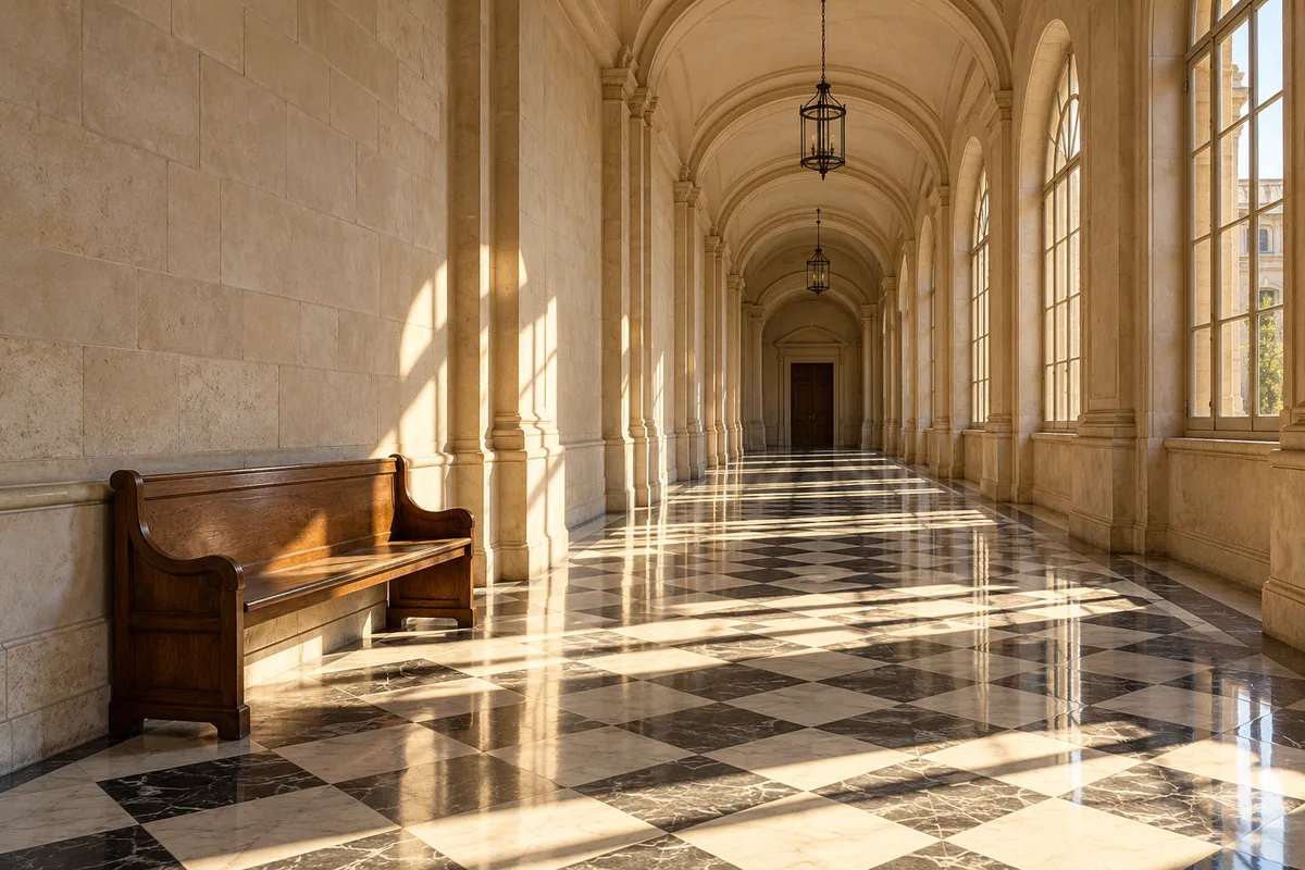 Couloir vide d&rsquo;un ancien palais de justice au sol en damier et au banc de chêne