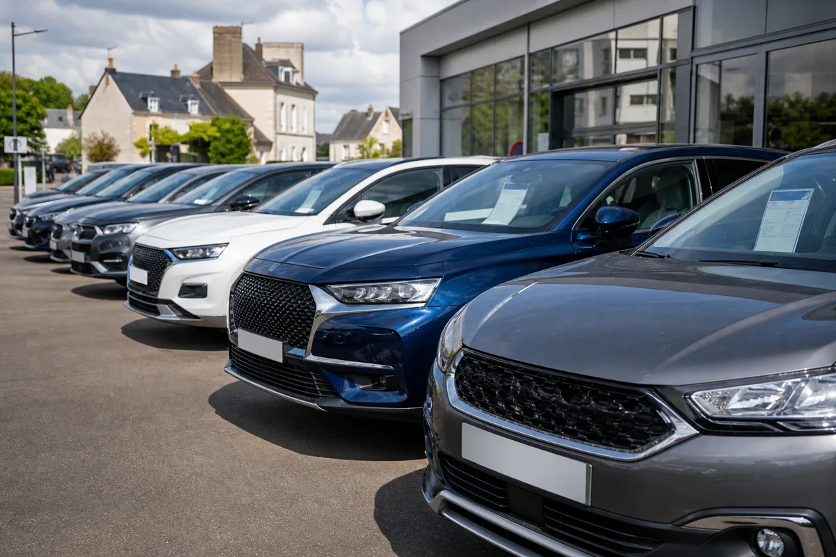 Rangée de voitures d’occasion récentes exposées sur le parking d’un concessionnaire français, étiquettes de prix visibles sur les pare-brise