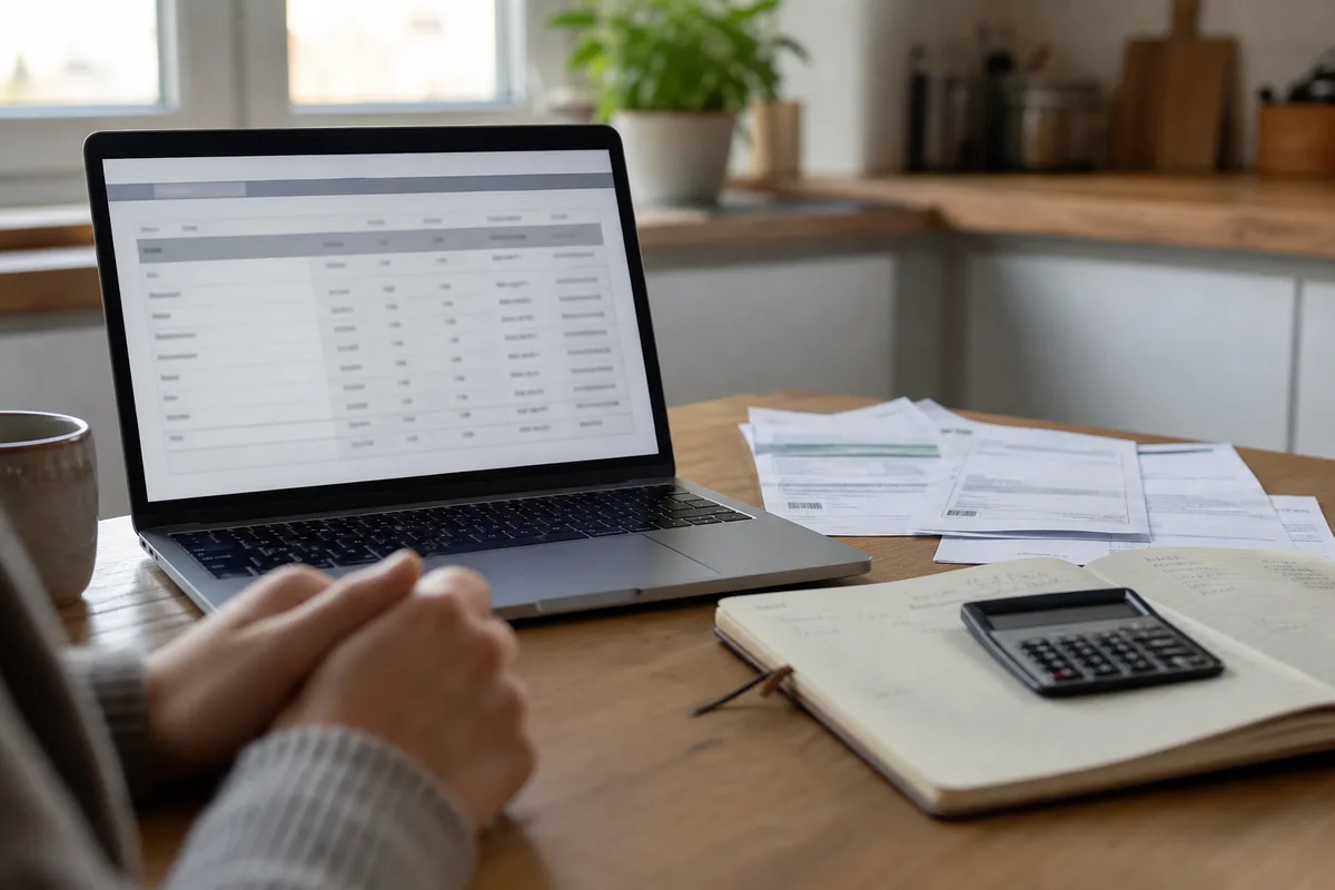 Personne comparant des devis d’assurance auto sur un ordinateur portable, carnet de comptes et factures posés sur une table de cuisine
