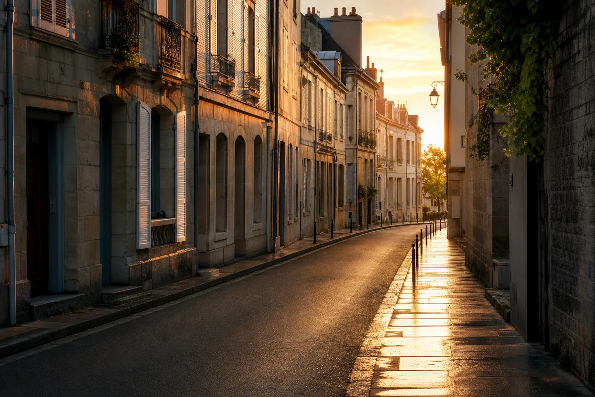 Rue d’une ville française en fin de journée bordée de façades en pierre claire avec volets et balcons en fer forgé