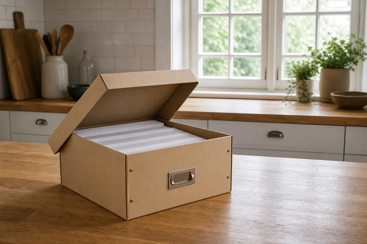 Cuisine française lumineuse avec une boîte à archives en carton ouverte posée sur un plan de travail en bois