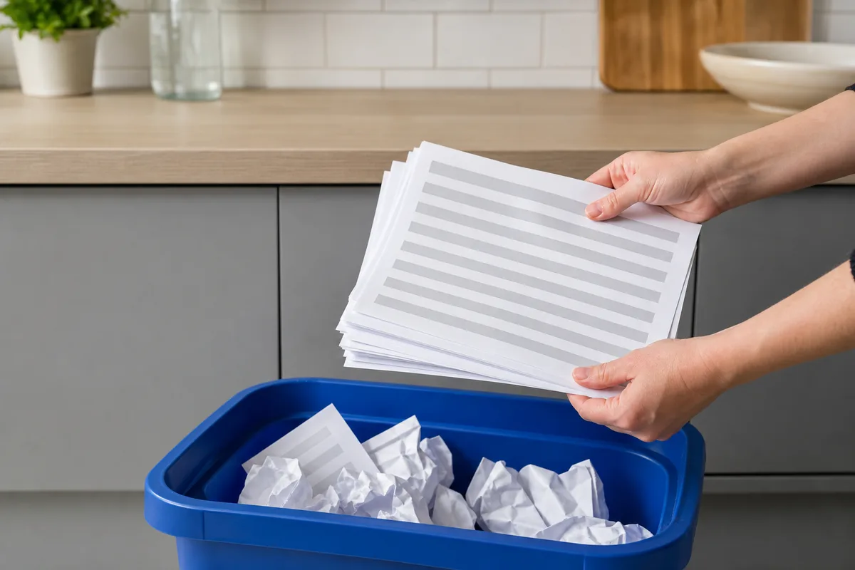 Mains gantées triant des feuilles au-dessus d&rsquo;un bac de tri du papier dans une cuisine française