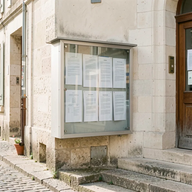 Panneau d affichage municipal devant la façade d une mairie de village