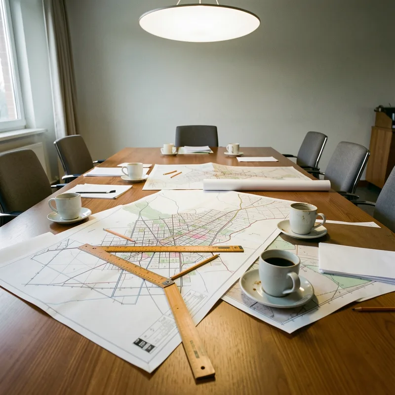Table de commission de travail en mairie avec plans d urbanisme étalés