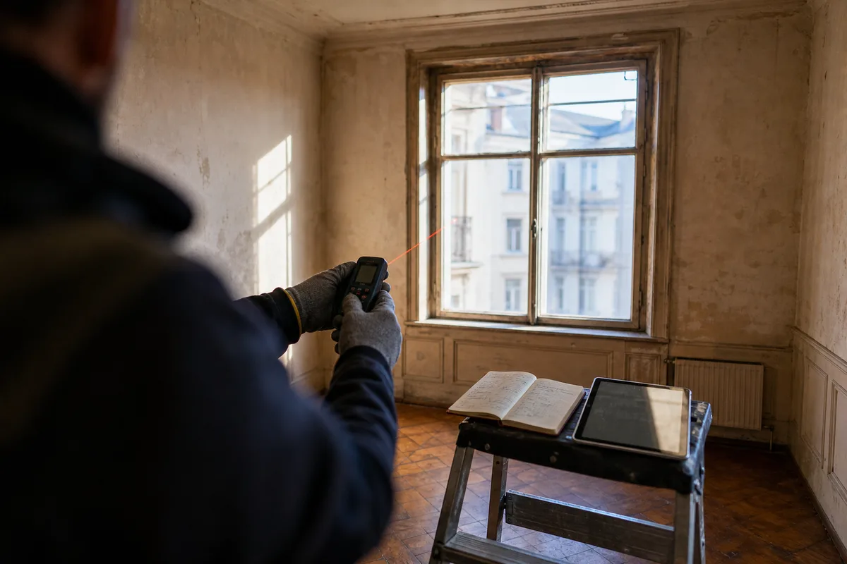 Diagnostiqueur immobilier mesurant la performance énergétique dans une maison ancienne de la Loire