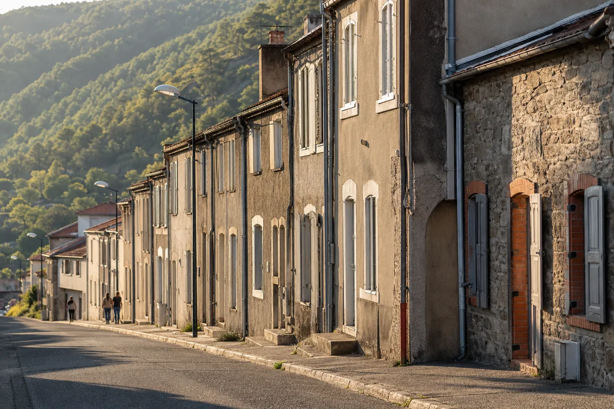 Alignement de maisons ouvrières anciennes dans la vallée du Gier sous un ciel dégagé