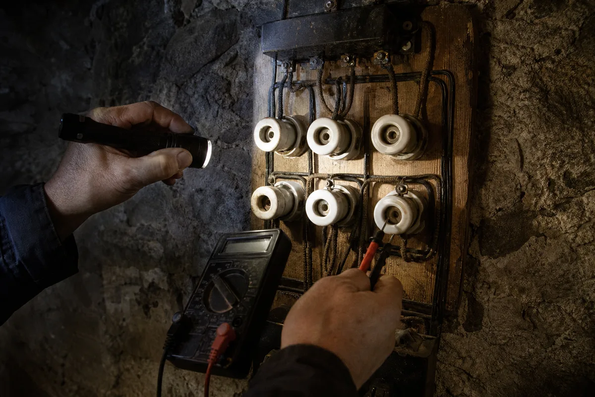 Technicien contrôlant un tableau électrique ancien lors d&rsquo;un diagnostic avant vente