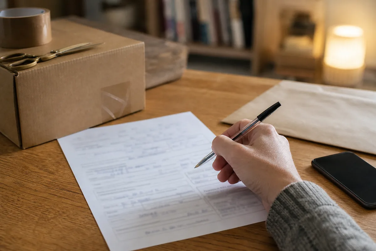 Personne remplissant un bordereau de retour à côté d’un carton ouvert sur une table en bois