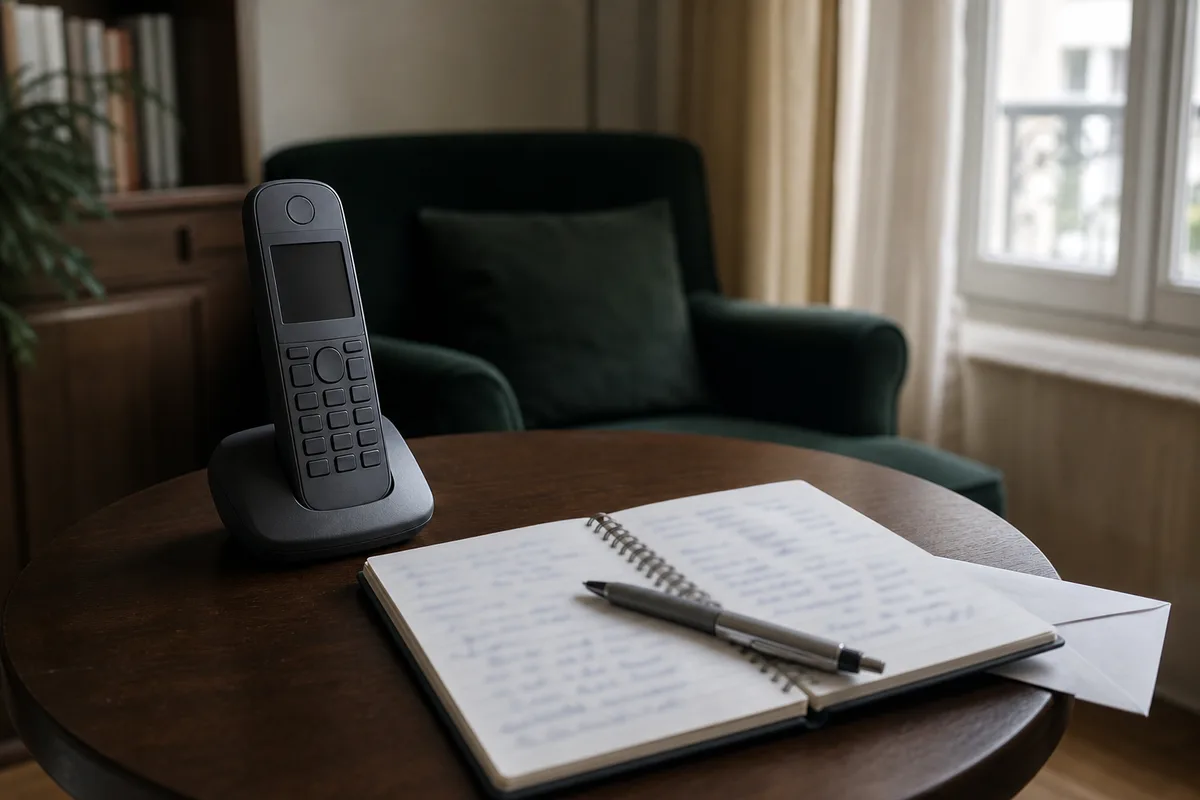 Téléphone fixe posé près d’un carnet ouvert sur une table de salon en France