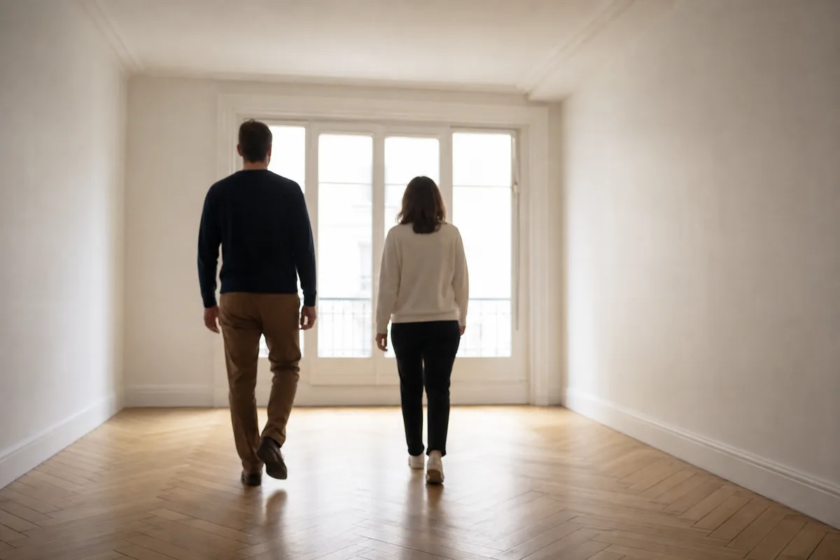 Deux personnes de dos traversant un appartement vide au parquet clair