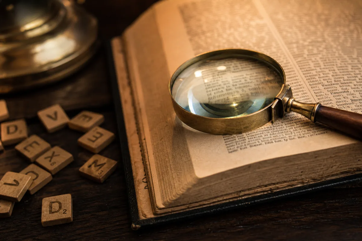 Dictionnaire ouvert sur une table en bois avec loupe