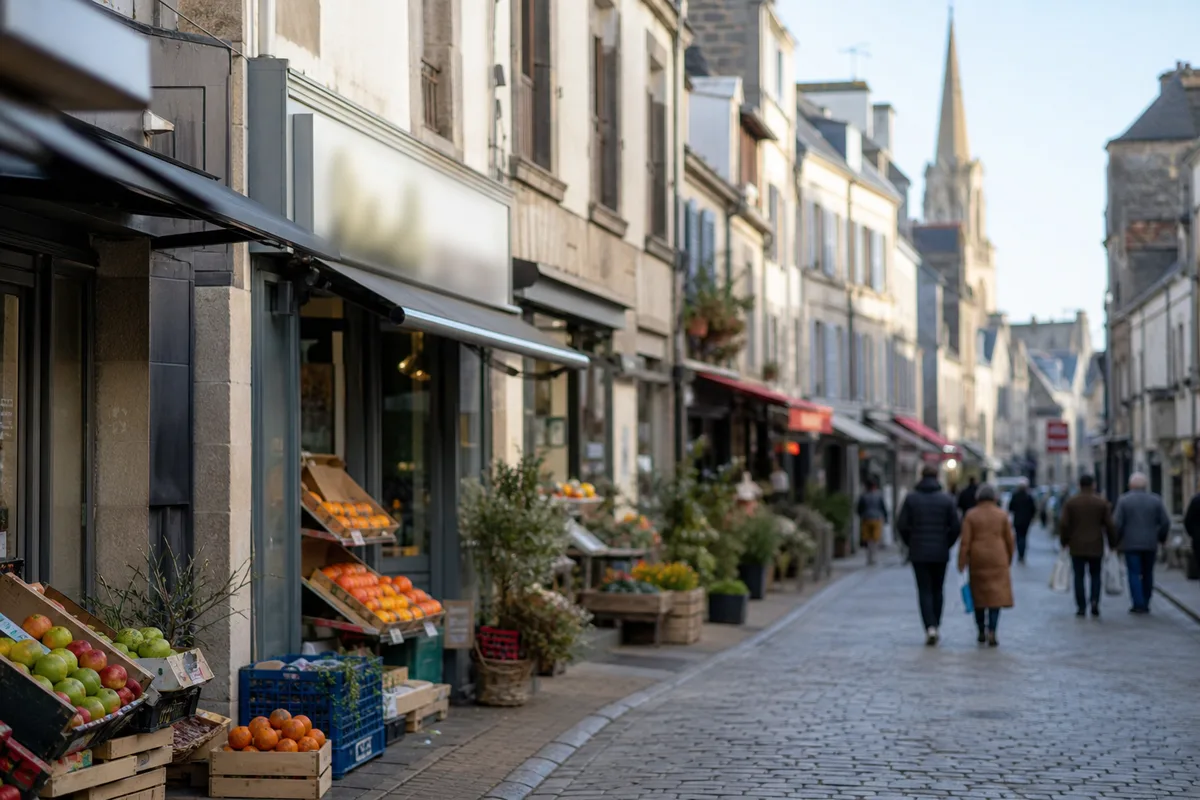 Rue commerçante du centre d&rsquo;Auray avec ses devantures de commerces de proximité en fin de matinée