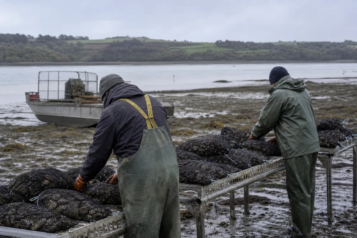 Ouvriers ostréicoles triant des poches d&rsquo;huîtres sur un chantier au bord de la rivière d&rsquo;Auray à marée basse