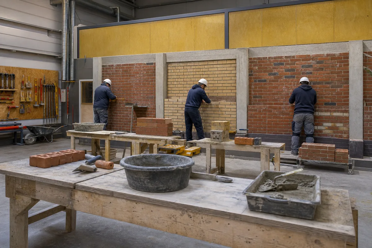 Stagiaires adultes en formation dans un atelier bâtiment d&rsquo;un centre de formation professionnelle en Bretagne