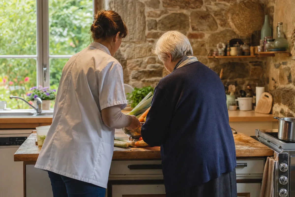 Aide à domicile accompagnant une personne âgée dans la cuisine d&rsquo;une maison bretonne en pierre