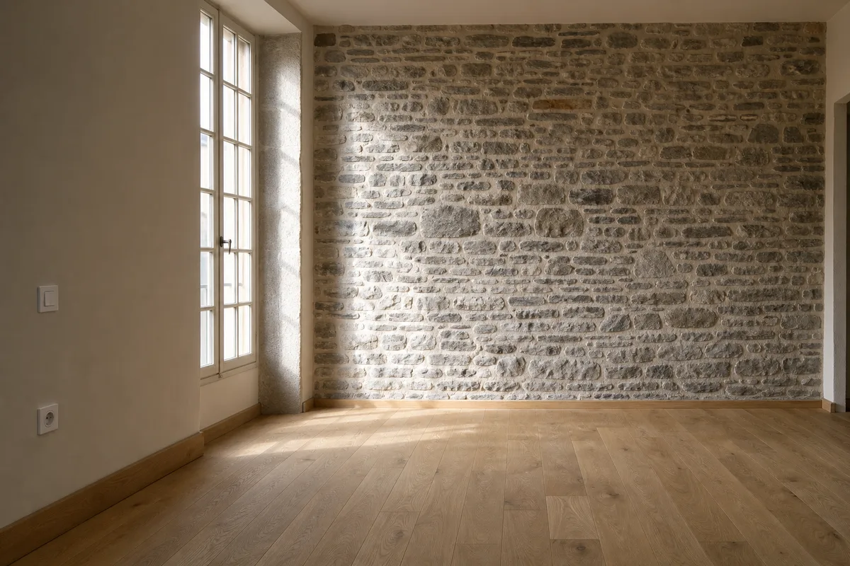 Pièce vide d&rsquo;une maison ancienne française avec un mur en pierre apparente