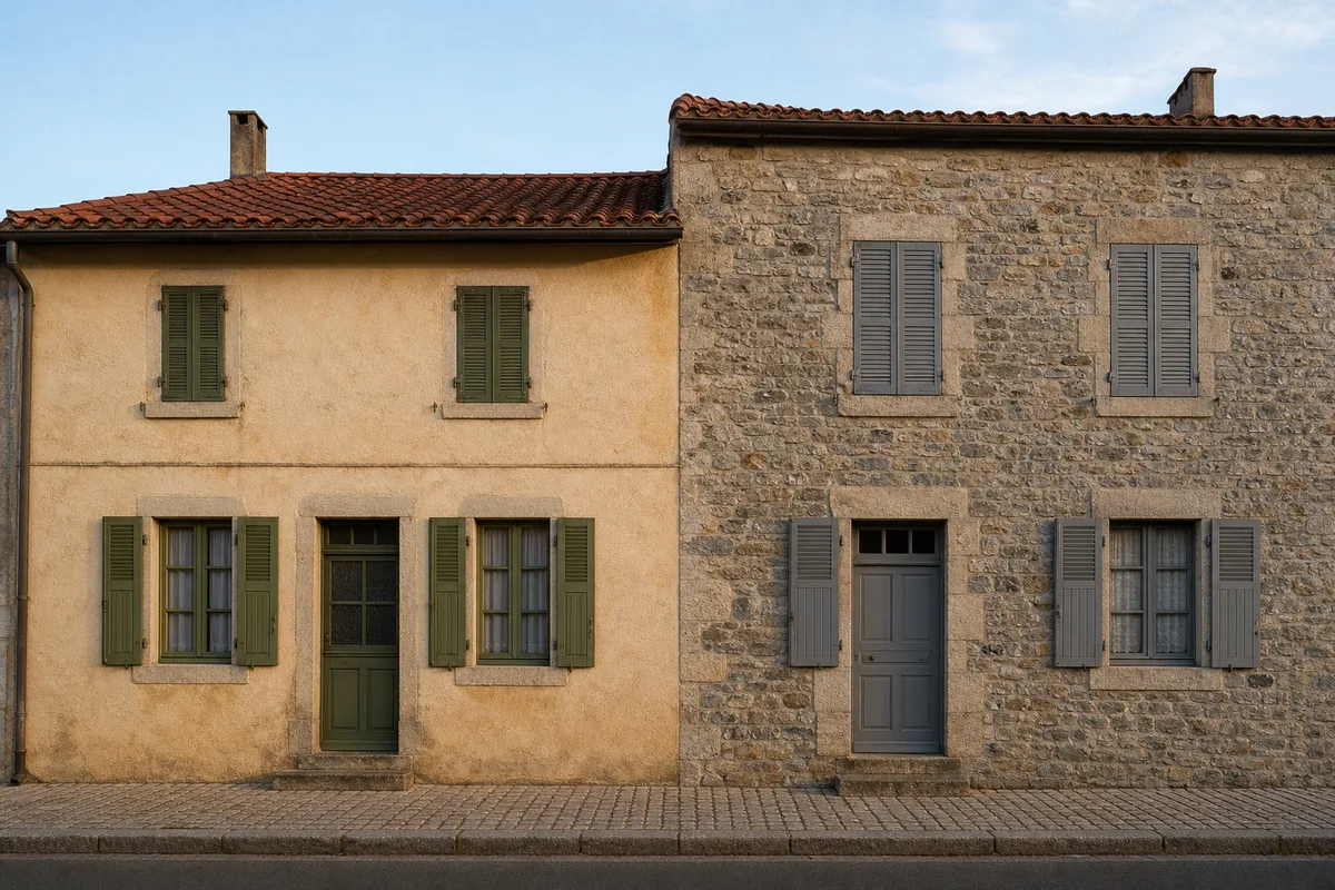 Deux maisons mitoyennes aux façades contiguës dans une rue de village en France