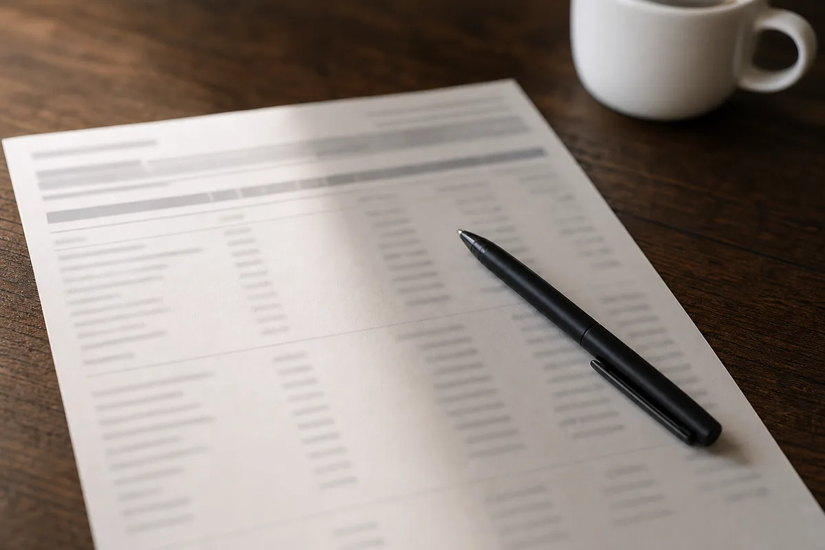 Relevé de compte bancaire papier posé sur une table avec une tasse de café et un stylo