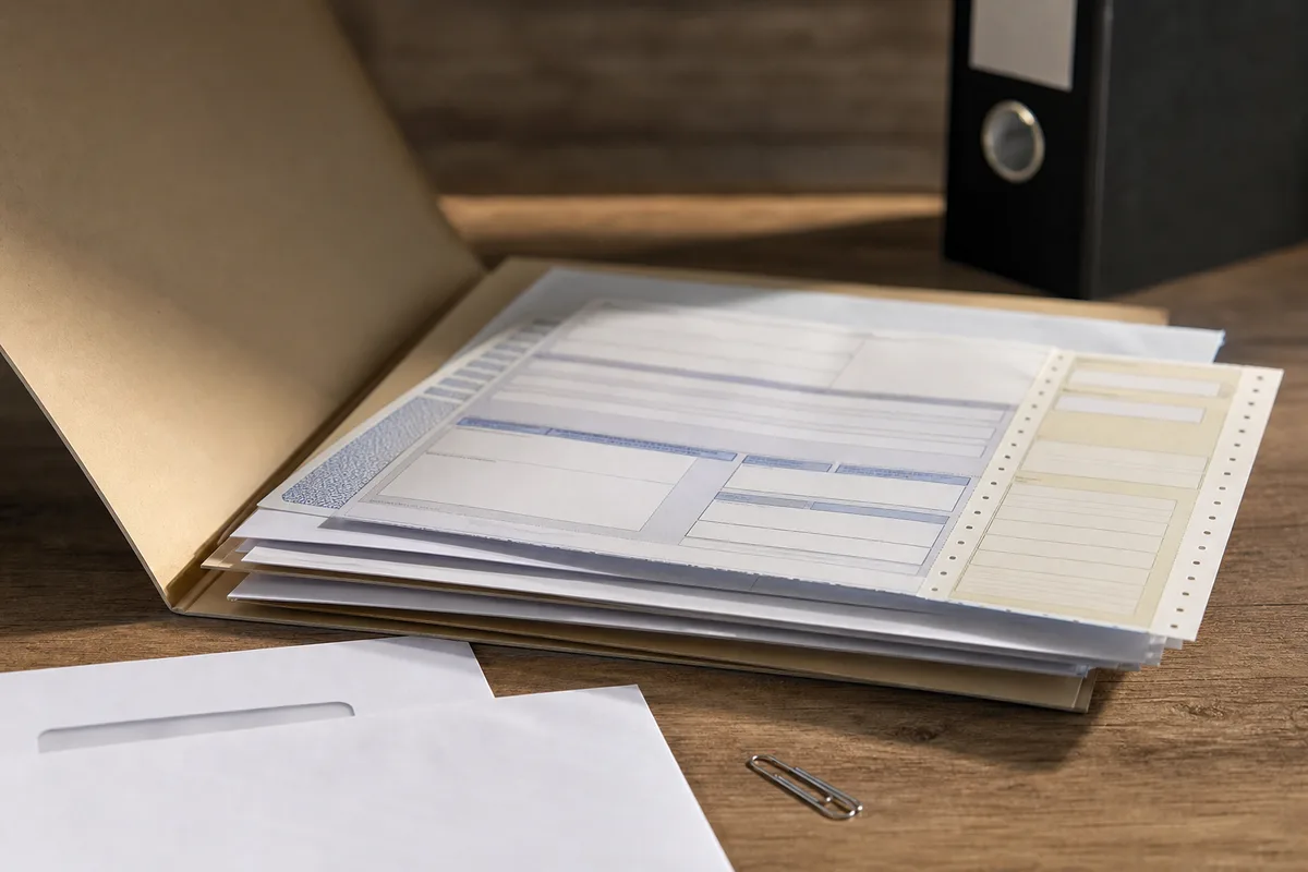 Dossier administratif ouvert avec courrier recommandé et enveloppes sur un bureau en bois