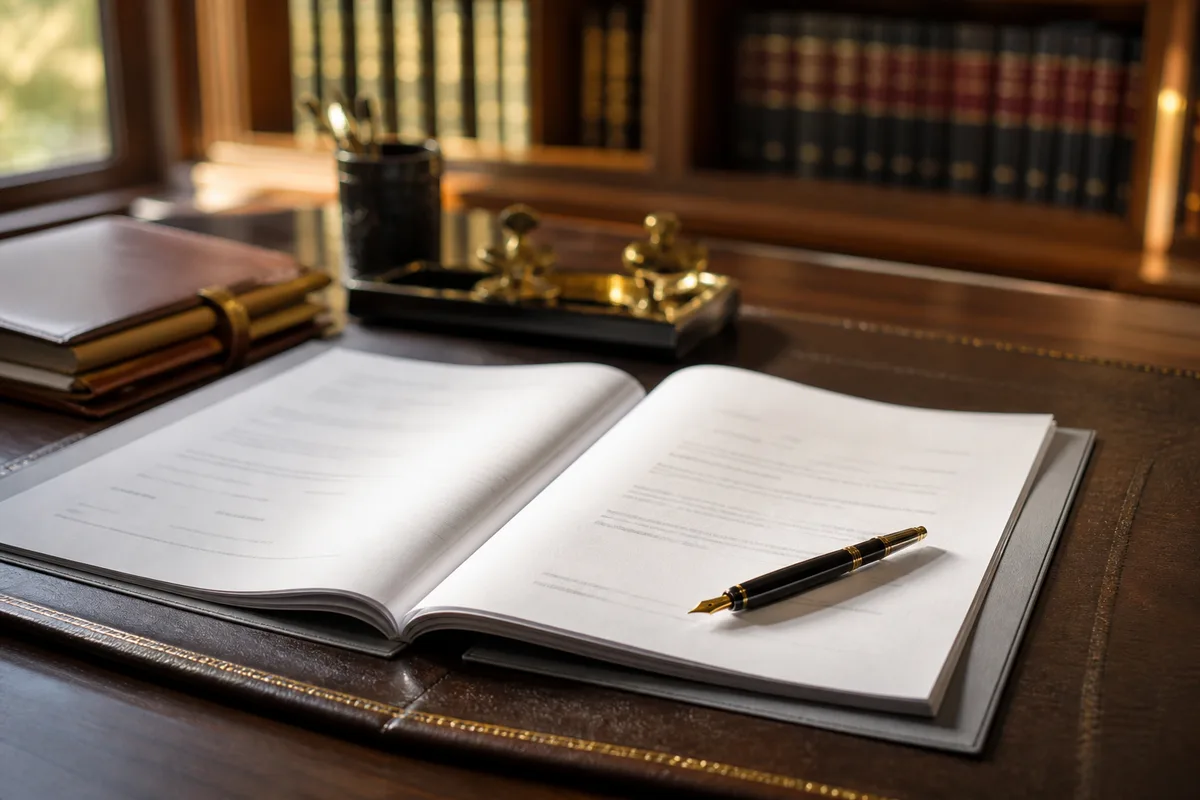 Table de travail d’une étude notariale française avec un acte de vente et un stylo