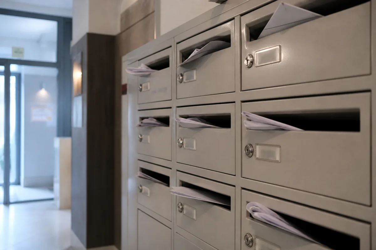 Boîtes aux lettres d’un immeuble français avec du courrier administratif dépassant d’une fente