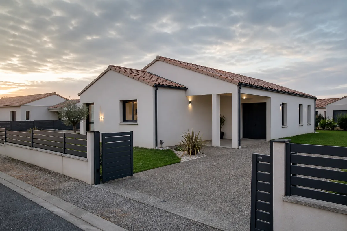 Maison individuelle récente en France avec un jardin et un panneau de terrain constructible