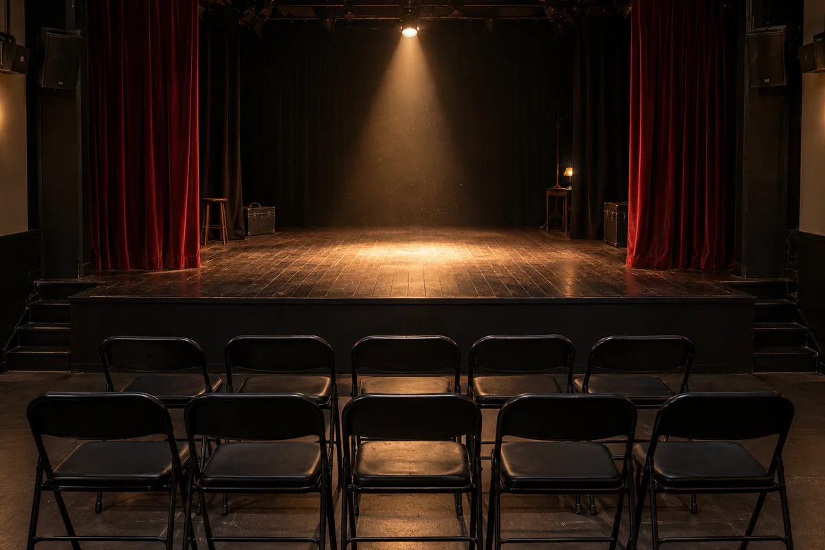 Petite scène de théâtre éclairée par un projecteur, face à des rangées de chaises vides