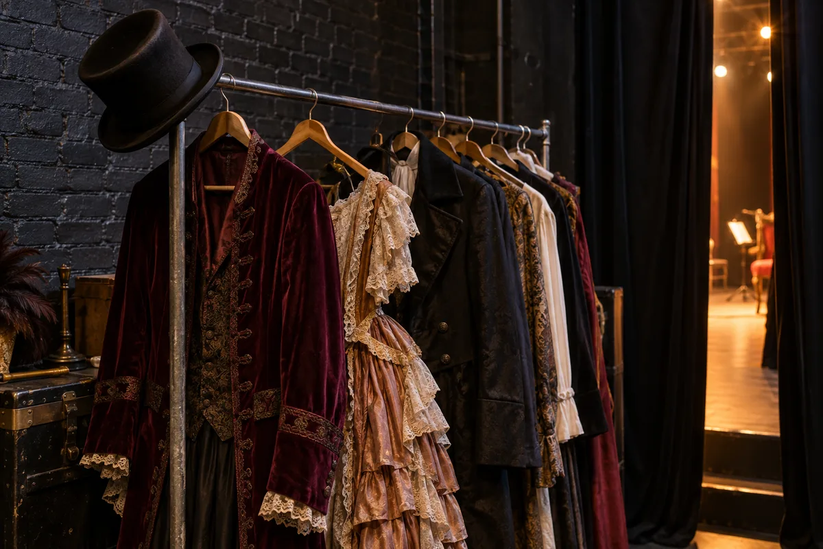 Coulisses d&rsquo;un théâtre avec un portant de costumes colorés sous une lumière tamisée